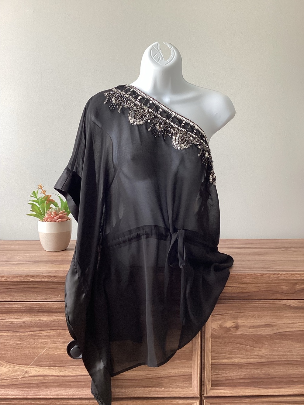 Y2K Forever 21 Off Shoulder Black Sheer Tunic Silver Sequis Blouse Top M